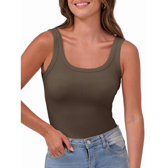 Womens Sleeveless Scoop Neck Tank Top Ribbed Fitted Summer Basic Slim Cute Tops Brown XXL