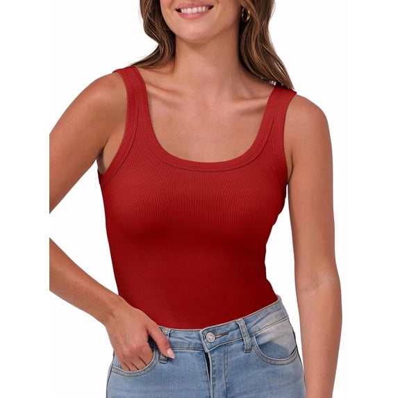 Womens Sleeveless Scoop Neck Tank Top Ribbed Fitted Summer Basic Slim Cute Tops Red M