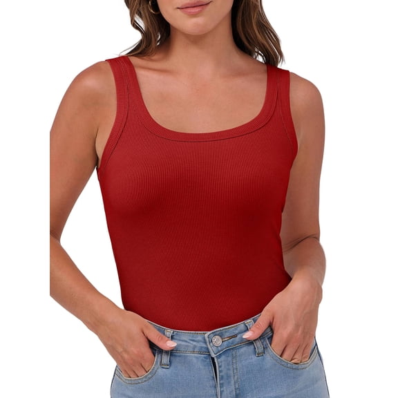 Womens Sleeveless Scoop Neck Tank Top Ribbed Fitted Summer Basic Slim Cute Tops Red XL