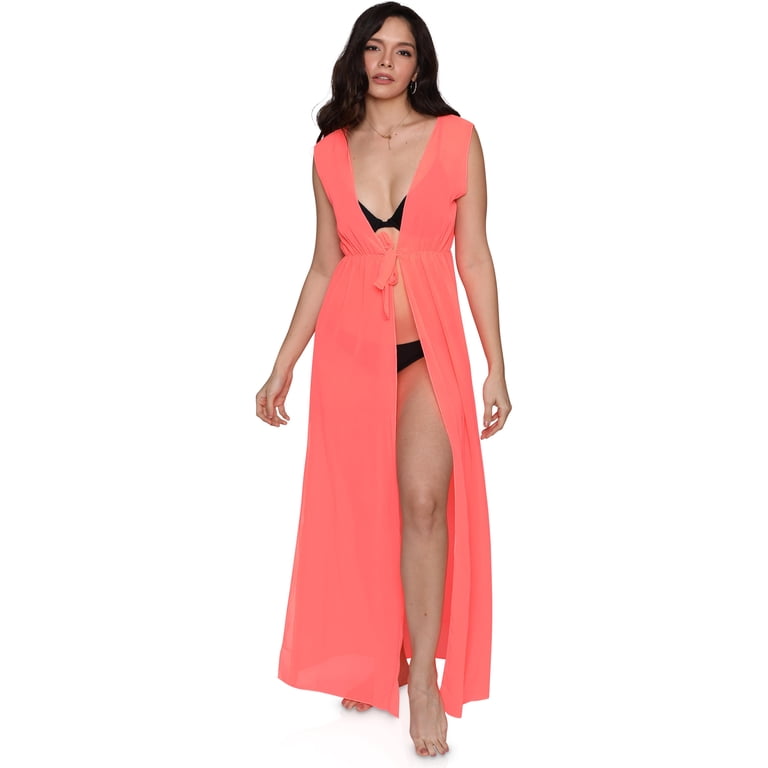 Womens Sleeveless Sheer Front Tie Neon Beach Swimsuit Cover Up