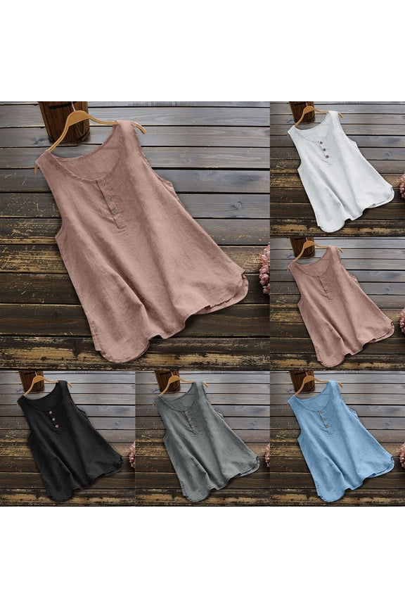 Womens Sleeveless Shell Top Crew Neck Button Front Stretch Casual Tee