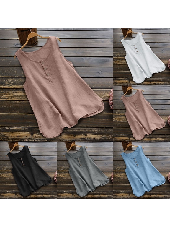 Womens Sleeveless Shell Top Crew Neck Button Front Stretch Casual Tee