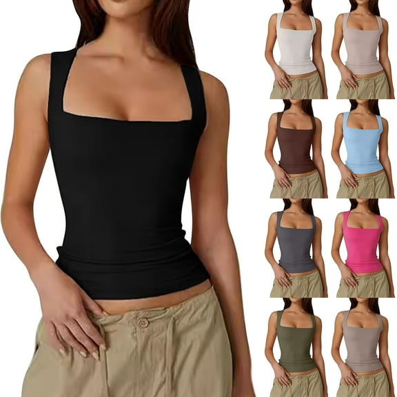 Womens Sleeveless Shell Top Double Layer Fabric Slim Fit Modern Casual Neckline Detail