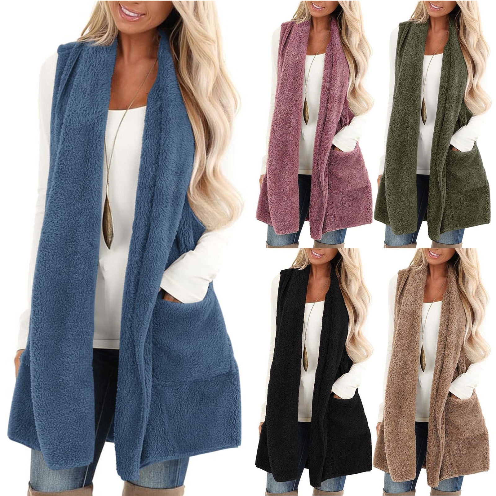 Womens Sleeveless Sherpa Vest Jacket with Pockets Lapel Open Front Fleece Cardigan Sweater Fuzzy Coat Walmart