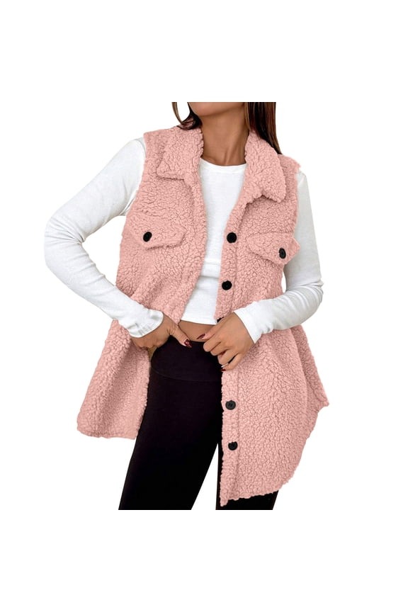 Womens Sleeveless Sherpa Vest with Pockets Lapel Open Front Fleece Cardigan Sweater Button Down Fuzzy Jacket Coat S-XL