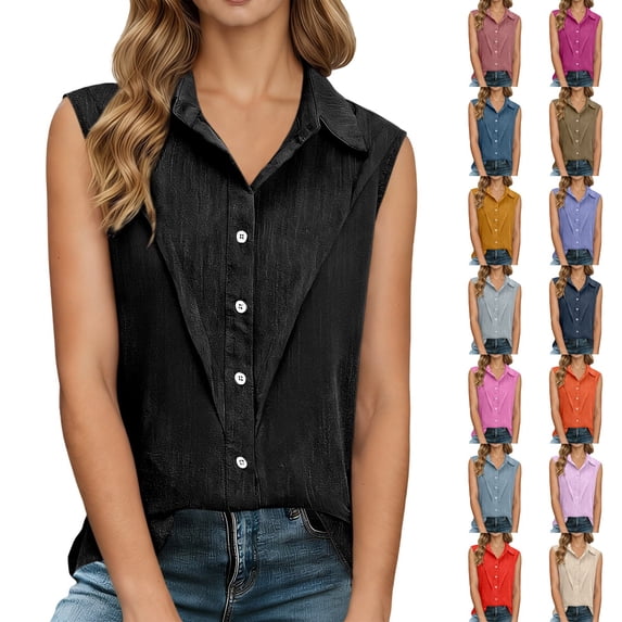 Womens Sleeveless Shirts Casual Collared Loose Fit Tops Solid Color Button Down Lapel Collared Spring Blouses