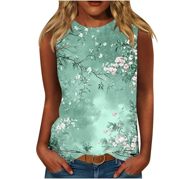 Womens Sleeveless Shirts Summer Daisy Prined Tank Tops Trendy Round Neck Camisole Loose Fitted Vest Trends Lightweight Beach Camis Women Bussiness Work Office Dressy Shirts