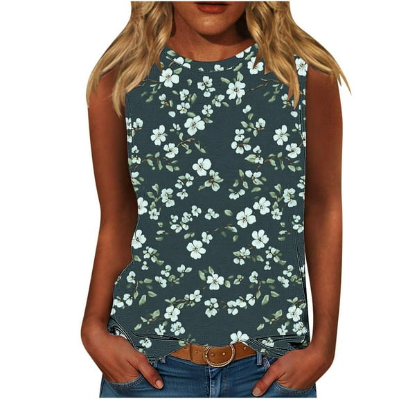Womens Sleeveless Shirts Summer Daisy Prined Tank Tops Trendy Round Neck Camisole Loose Fitted Vest Trends Lightweight Beach Camis Women Bussiness Work Office Dressy Shirts