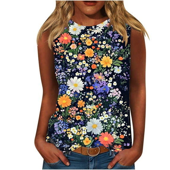 Womens Sleeveless Shirts Summer Daisy Prined Tank Tops Trendy Round Neck Camisole Loose Fitted Vest Trends Lightweight Beach Camis Women Bussiness Work Office Dressy Shirts