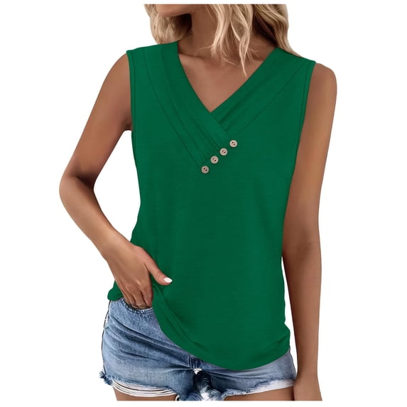 Womens Sleeveless Shirts, Tank Tops for Women Summer Casual Loose Fit Solid Color V Neck Tshirts with Buttons