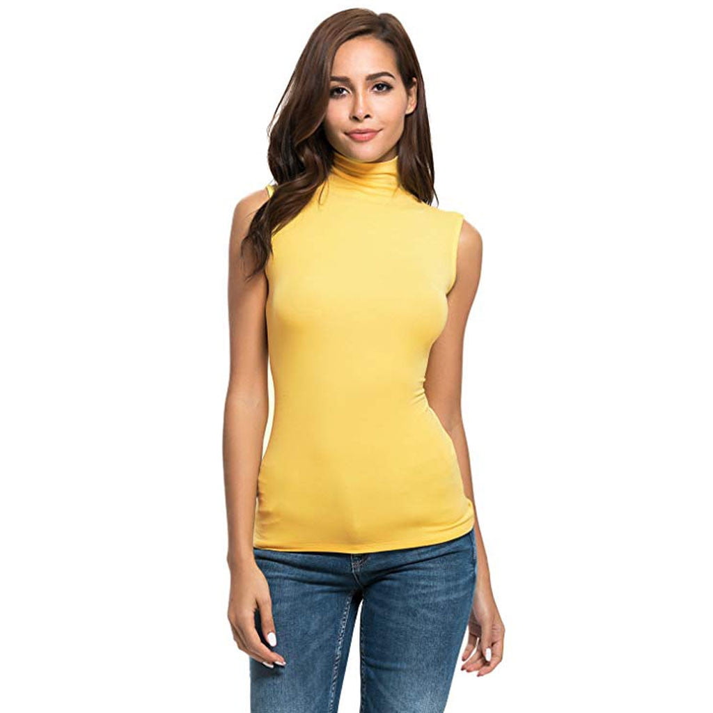 Womens Sleeveless Solid Slim Fit Turtleneck Tee Shirt Top Blouse