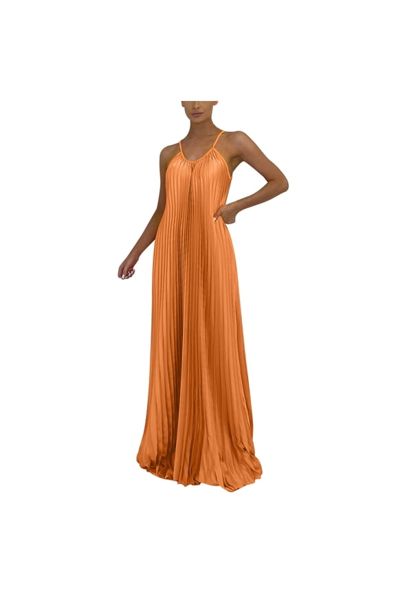 Womens Sleeveless Spaghetti Straps Maxi Cami Dress Scoop Neck Solid Color Long Pleated Dress Casual Loose Formal Dress