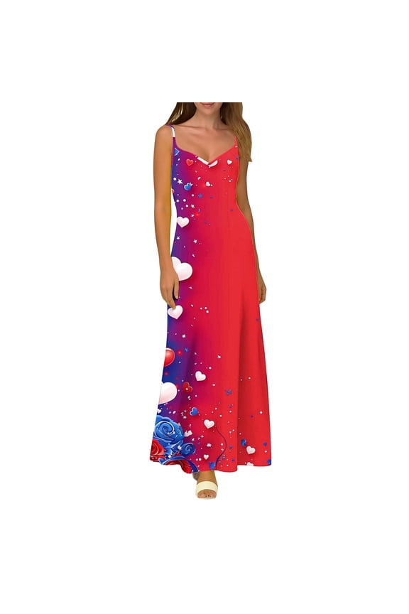 Womens Sleeveless Spaghetti Straps Maxi Dress Stars Stripes 4th of July Patriotic Sundress Summer Dresses