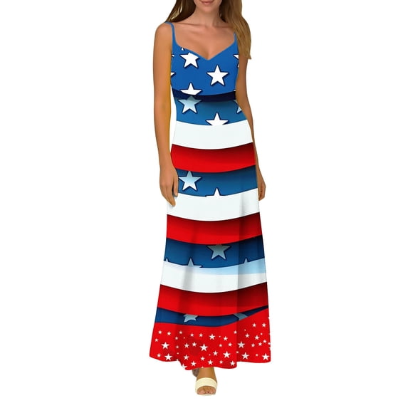 Womens Sleeveless Spaghetti Straps Maxi Dress Stars Stripes 4th of July Patriotic Sundress Summer Dresses