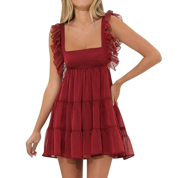 Womens Sleeveless Square Neck Ruffle Straps Mini Dresses High Waist Backless Tie Dress Casual Solid Layered Short Dress