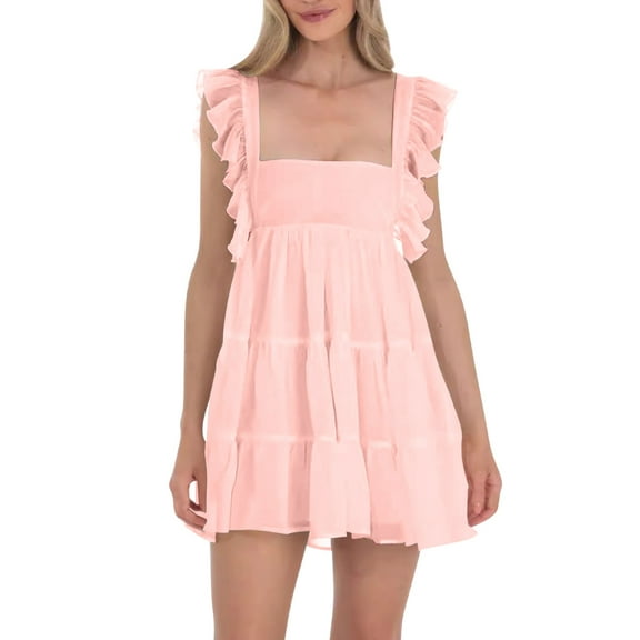 Womens Sleeveless Square Neck Ruffle Straps Mini Dresses High Waist Backless Tie Dress Casual Solid Layered Short Dress