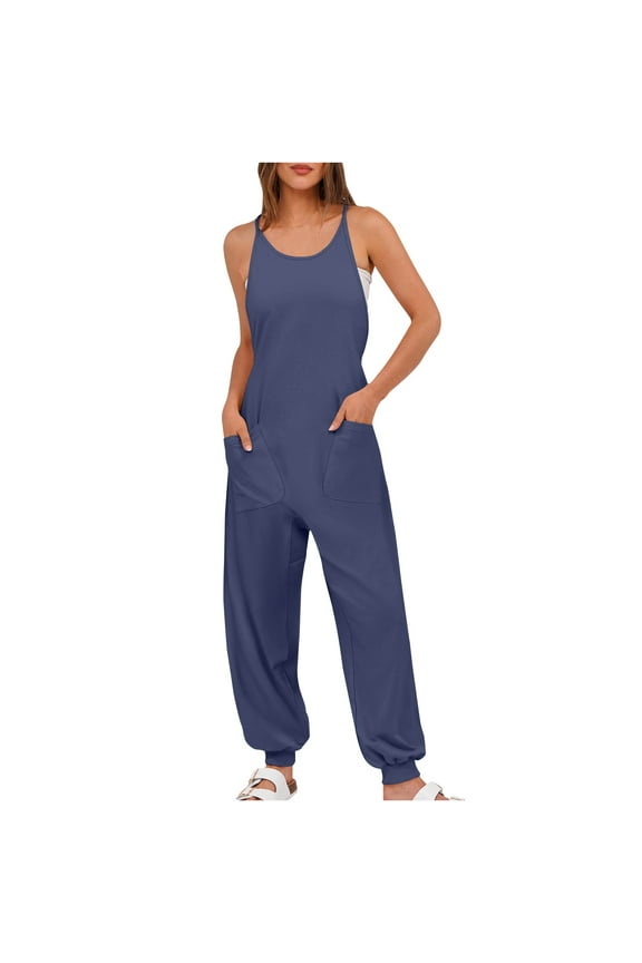 Womens Sleeveless Straghetti Strap Jumpsuit Casual Drawstring Joggers Rompers Racerback Workout Spring Summer Outfits, Navy, XXL