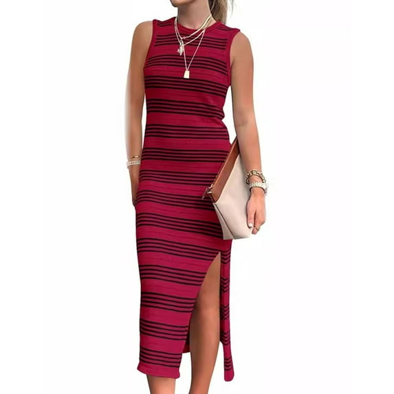 Womens Sleeveless Striped Boho Midi Bodycon Dress Long Tank Dress Alsol Lamesa
