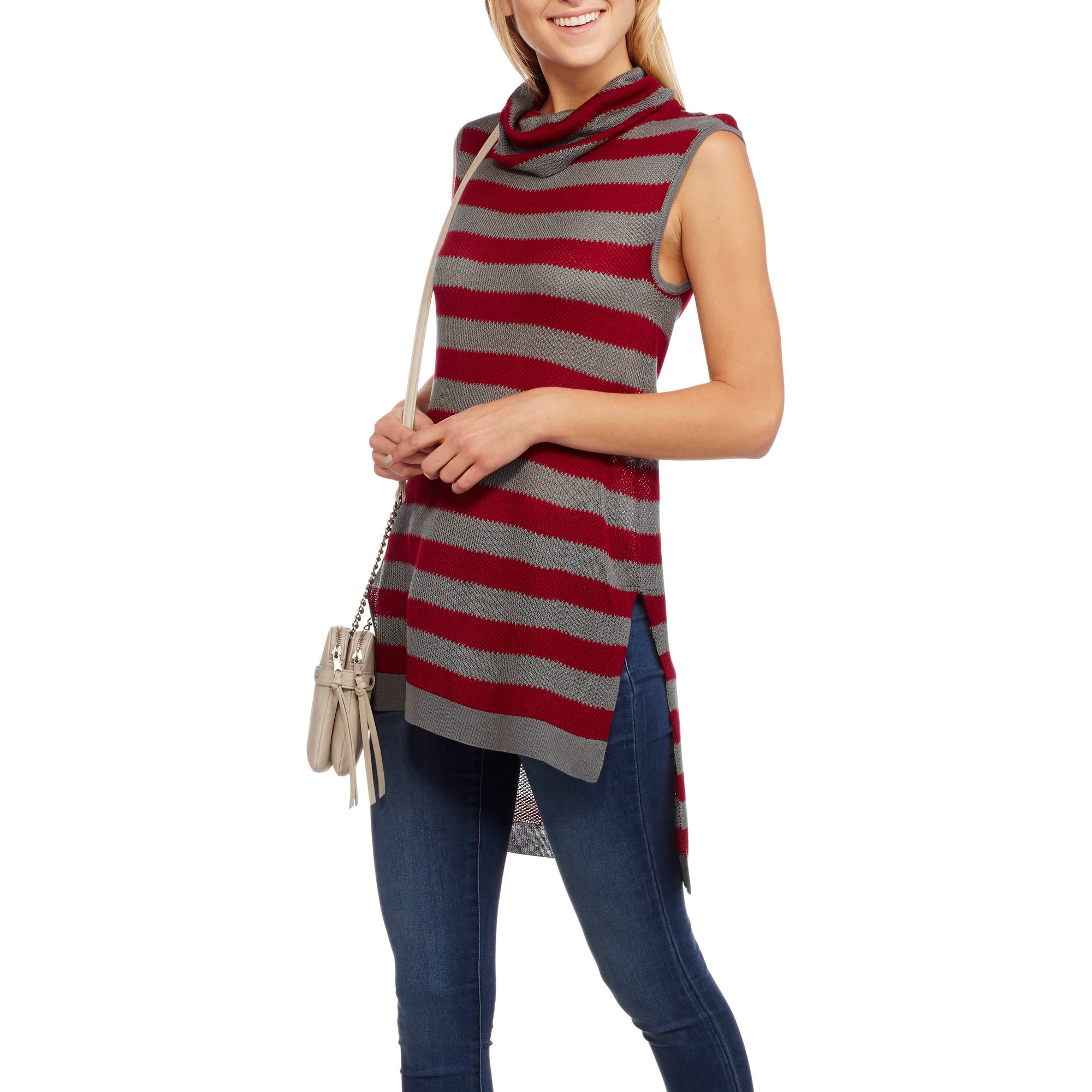 Womens Sleeveless Striped Cowl Neck Sweater