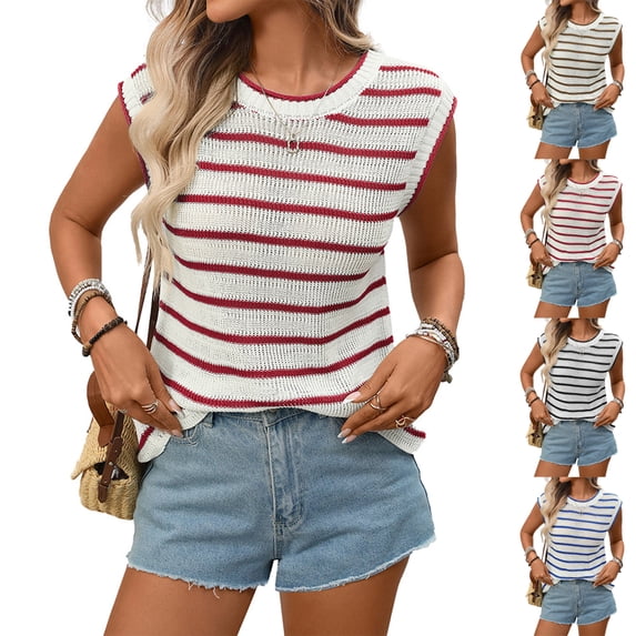Womens Sleeveless Striped Sweater Vest Crew Neck Summer Casual Side Split Knit Tank Tops Red L