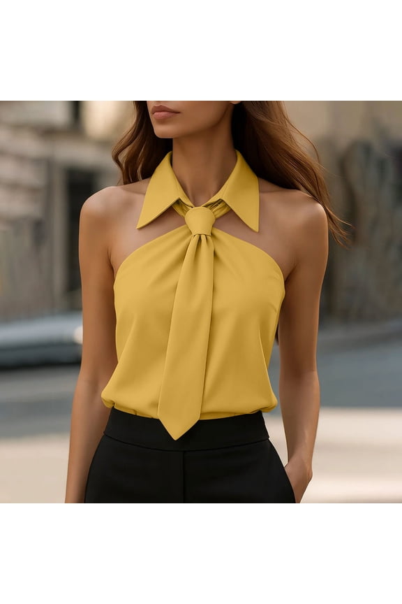 Womens Sleeveless Summer Blouses Halter Neck Tie Front Tops Dressy Casual Going Out Collared Shirts,Size M