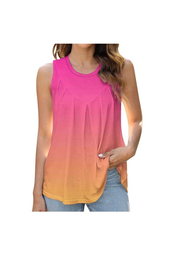 Womens Sleeveless Summer Casual Tank Top Loose Fit Pleated Gradient Crew Neck Polyester Soft Breathable Basics (M, Yellow)