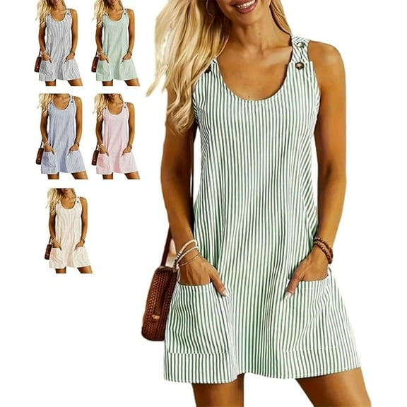 Womens Sleeveless Summer Dresses 2025 Casual U Neck Sundresses Striped Printed Short Dress with Pocket