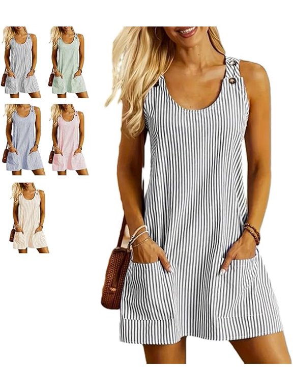Womens Sleeveless Summer Dresses 2025 Casual U Neck Sundresses Striped Printed Short Dress with Pocket