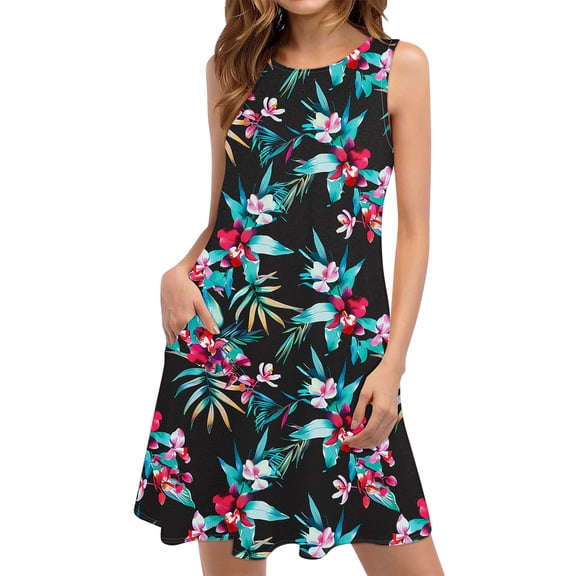 Womens Sleeveless Summer Dresses Hawaiian Print Sundress Casual Beach Dress Tropical Tank Dress with Pockets