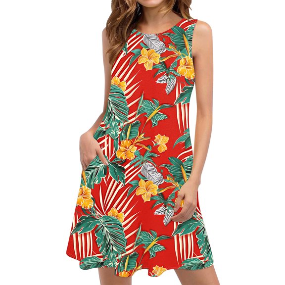 Womens Sleeveless Summer Dresses Hawaiian Print Sundress Casual Beach Dress Tropical Tank Dress with Pockets