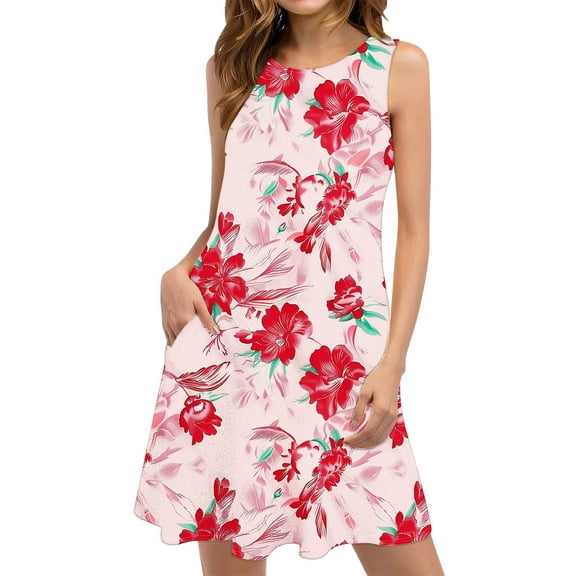 Womens Sleeveless Summer Dresses Hawaiian Print Sundress Casual Beach Dress Tropical Tank Dress with Pockets