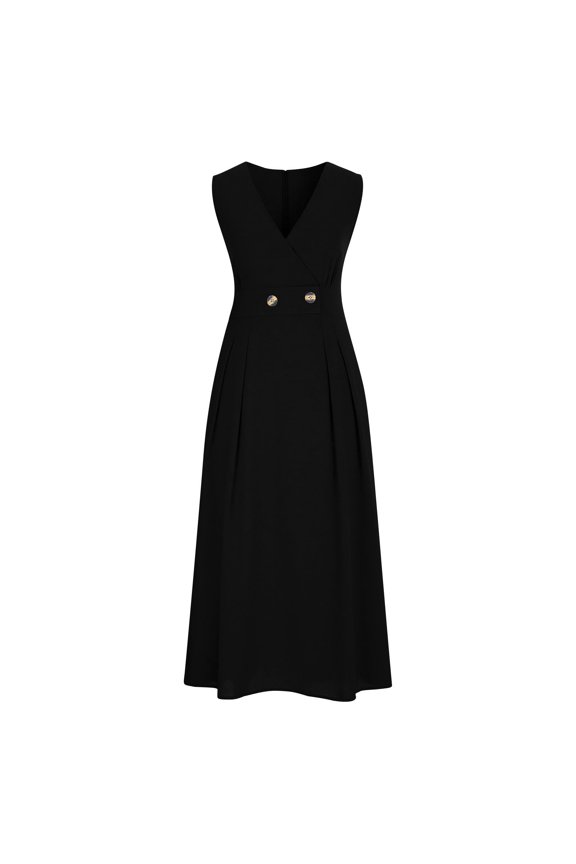 Womens Sleeveless Surplice V Neck Midi Dress Decorative Button Waistband Pleated Flowy A Line Skirt Gown