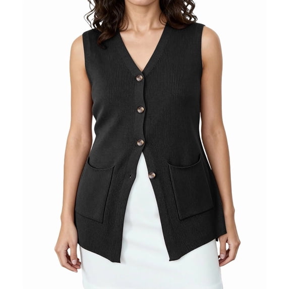 Womens Sleeveless Sweater Vest Button Black S