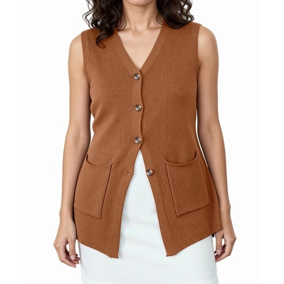 Womens Sleeveless Sweater Vest Button Camel XXXL