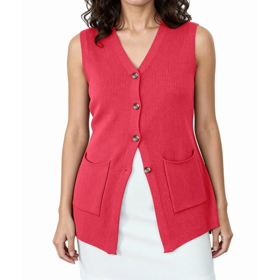 Womens Sleeveless Sweater Vest Button Red XL