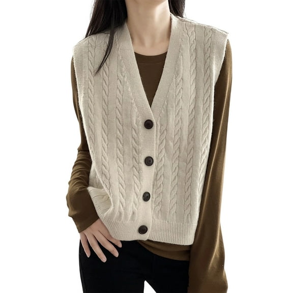 Womens Sleeveless Sweater Vest Button V Neck Knit Trendy Casual Cardigan Cream White One size