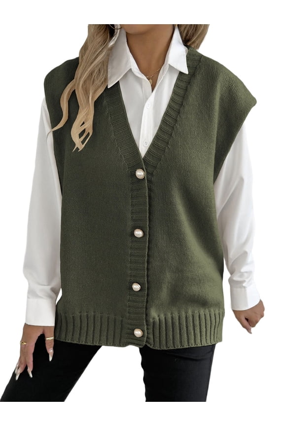 Womens Sleeveless Sweater Vest Knit V Neck Button Casual Loose Fall Winter Waistcoat Cardigan Army Green One size