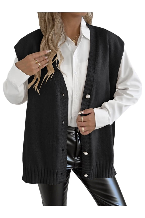 Womens Sleeveless Sweater Vest Knit V Neck Button Casual Loose Fall Winter Waistcoat Cardigan Black One Size