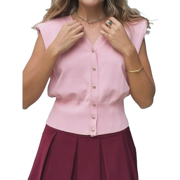 Womens Sleeveless Sweater Vest Knit V Neck Button Fashion Casual Loose Spring Summer Waistcoat Cardigan Pink S