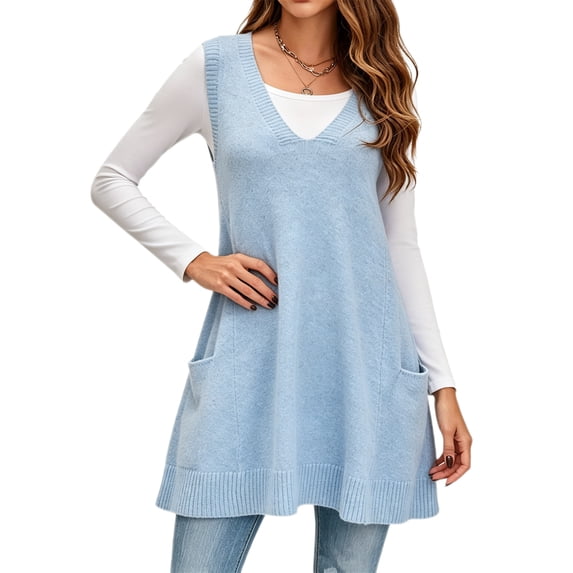 Womens Sleeveless Long Sweater Vest V Neck Casual Loose Knit A Line Flattering Tunic Top with Pockets
