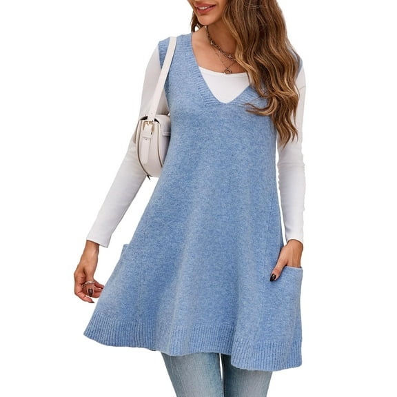 Womens Sleeveless Sweater Vest V Neck Casual Loose Knit A Line Flattering Tunic Top with Pockets