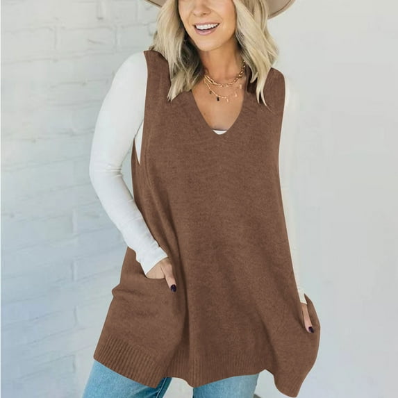 Womens Sleeveless Sweater Vest V Neck Loose Knit Casual A Line Flattering Tunic Top with Pockets