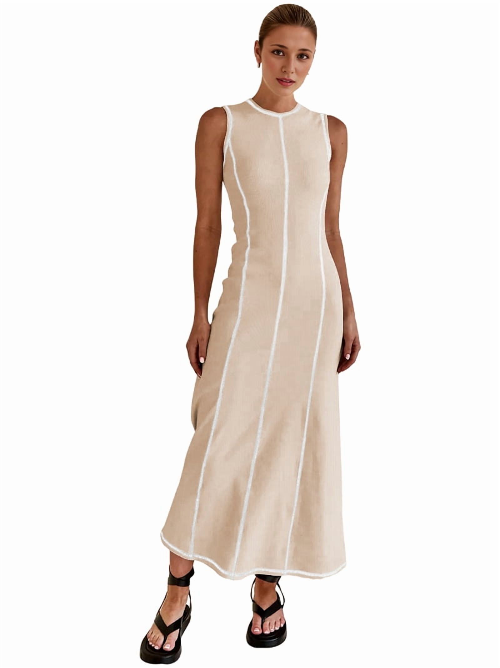 Womens Sleeveless T Shirt Dress Summer Contrast Ribbed Knit Tank Maxi Dresses Beige M