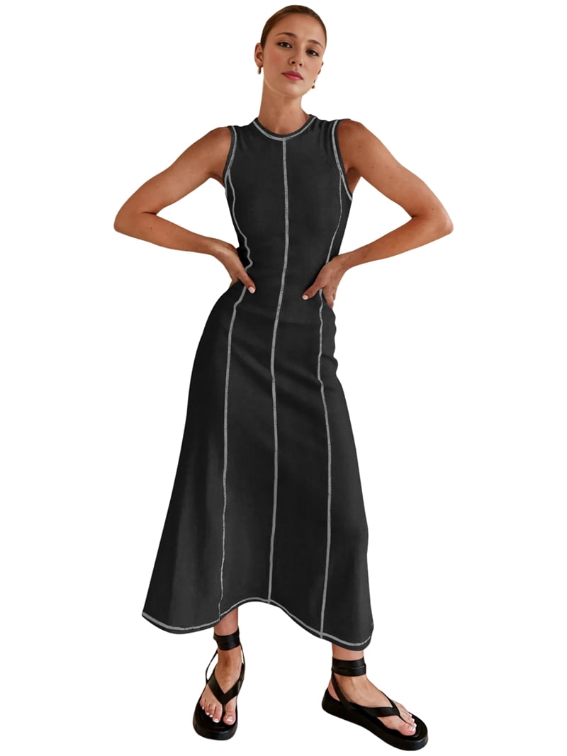 Womens Sleeveless T Shirt Dress Summer Contrast Ribbed Knit Tank Maxi Dresses Black XL