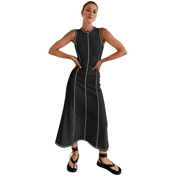 Womens Sleeveless T Shirt Dress Summer Contrast Ribbed Knit Tank Maxi Dresses Black XL