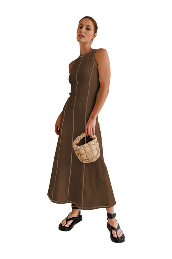 Womens Sleeveless T Shirt Dress Summer Contrast Ribbed Knit Tank Maxi Dresses Coffee Color S