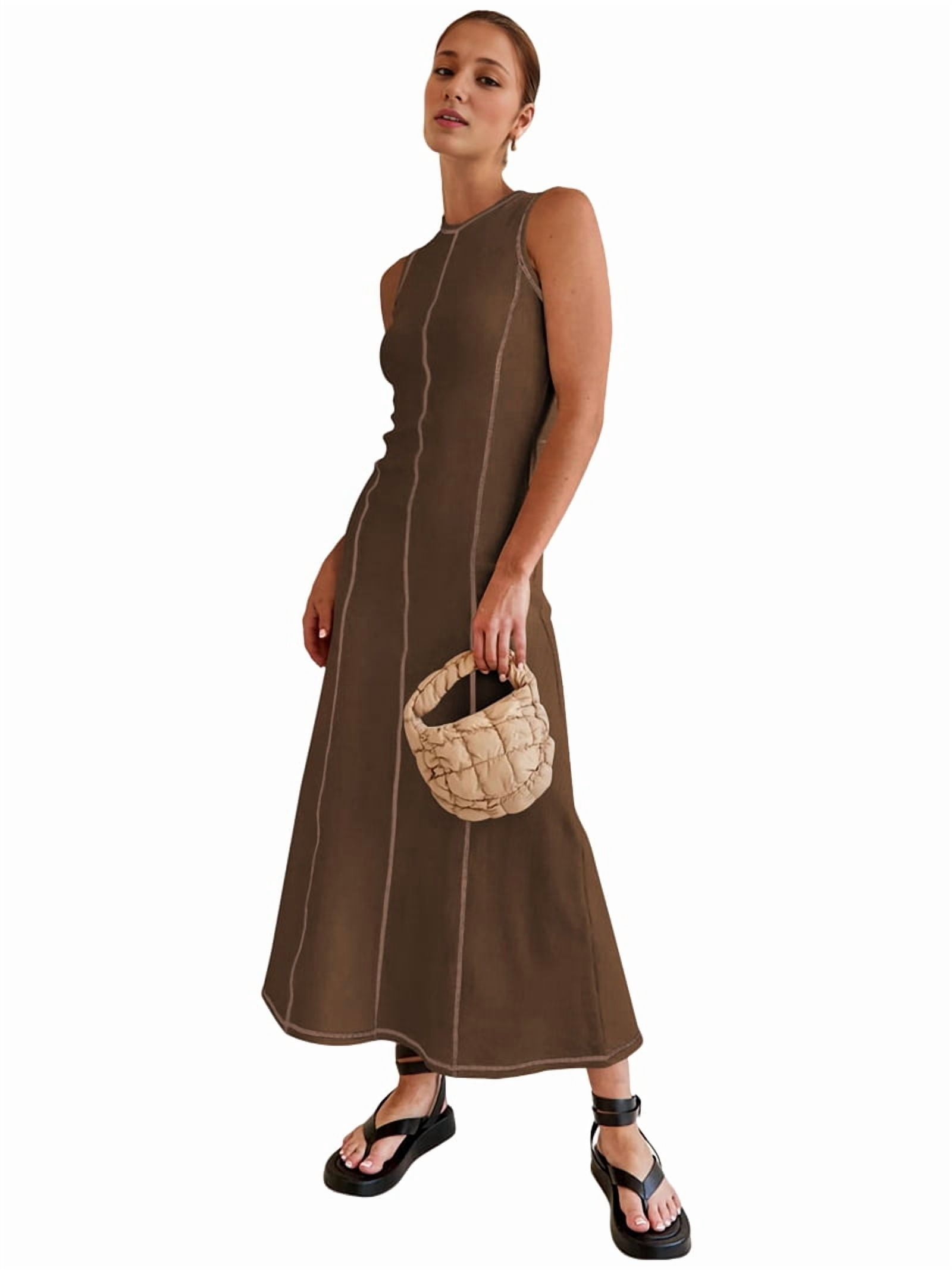 Womens Sleeveless T Shirt Dress Summer Contrast Ribbed Knit Tank Maxi Dresses Coffee Color S