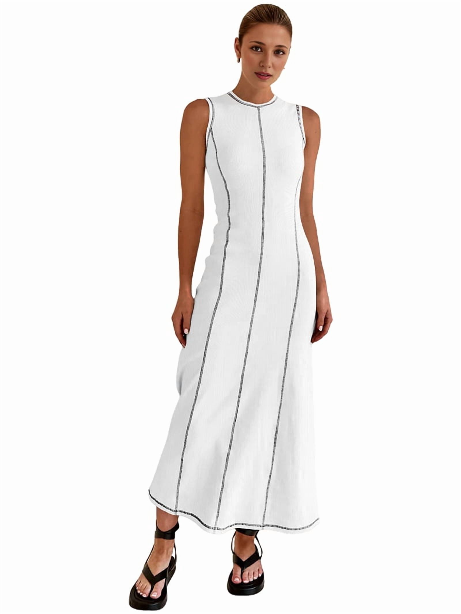Womens Sleeveless T Shirt Dress Summer Contrast Ribbed Knit Tank Maxi Dresses White M