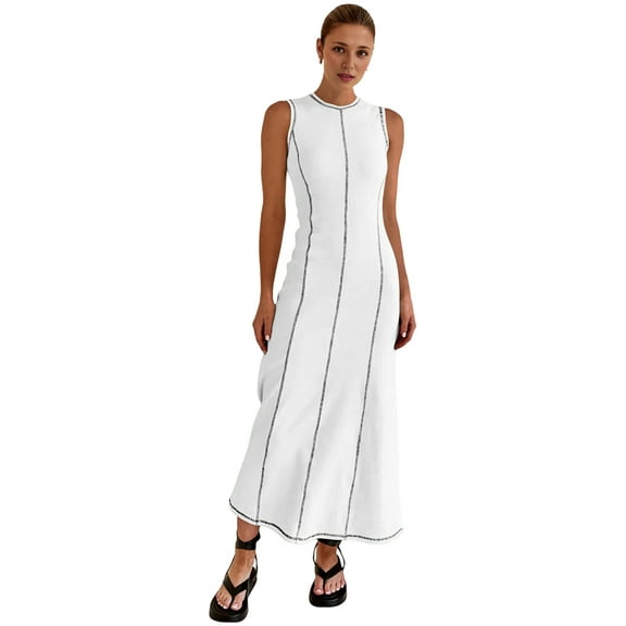 Womens Sleeveless T Shirt Dress Summer Contrast Ribbed Knit Tank Maxi Dresses White S