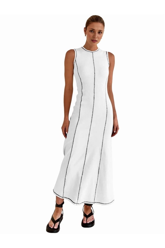 Womens Sleeveless T Shirt Dress Summer Contrast Ribbed Knit Tank Maxi Dresses White S